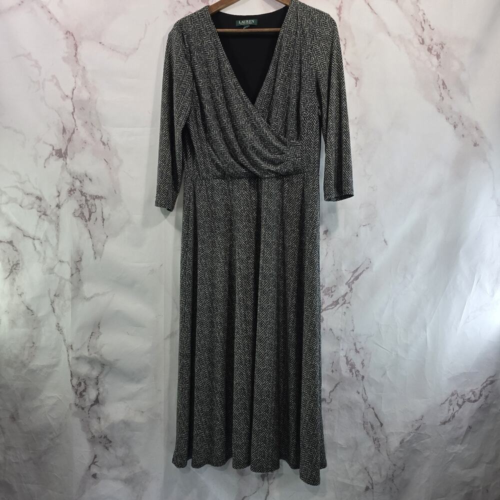 Lauren Ralph Lauren Dress Womens 12 Large Black White Chevron Midi Twist V